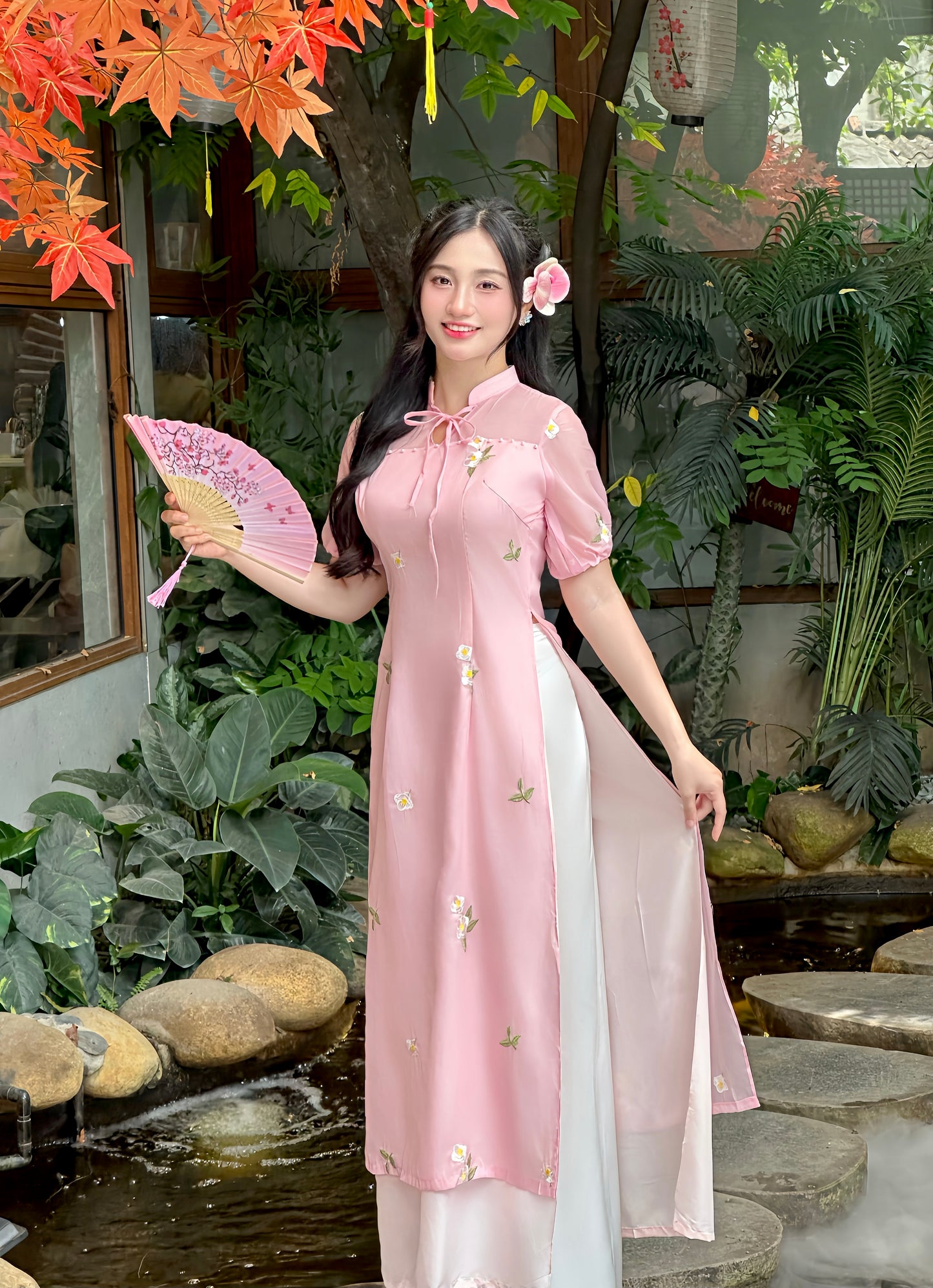 Pink Vietnamese Ao Dai for Women – Embroidered Floral Short Sleeve Traditional Dress for Wedding
