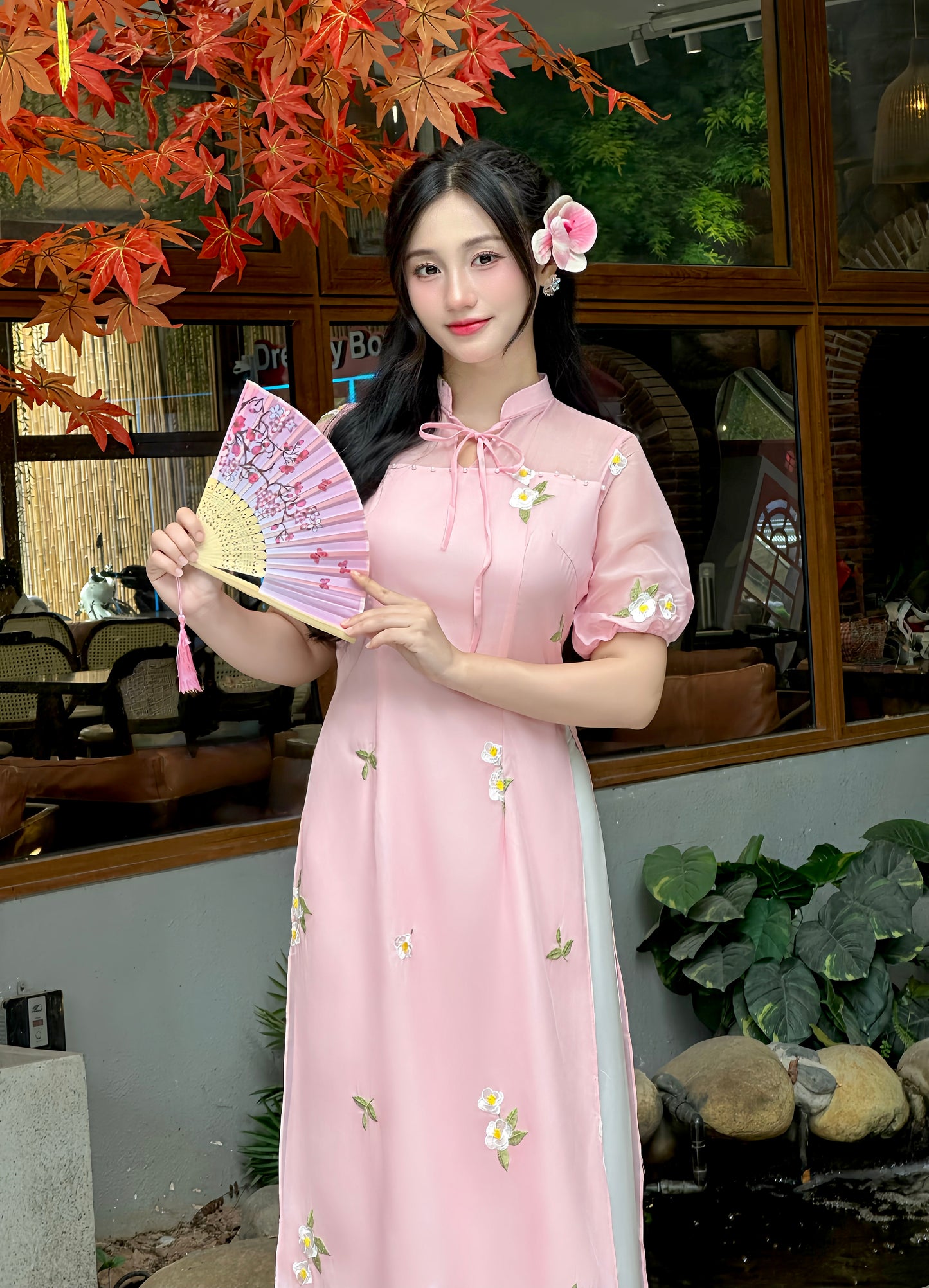 Pink Vietnamese Ao Dai for Women – Embroidered Floral Short Sleeve Traditional Dress for Wedding