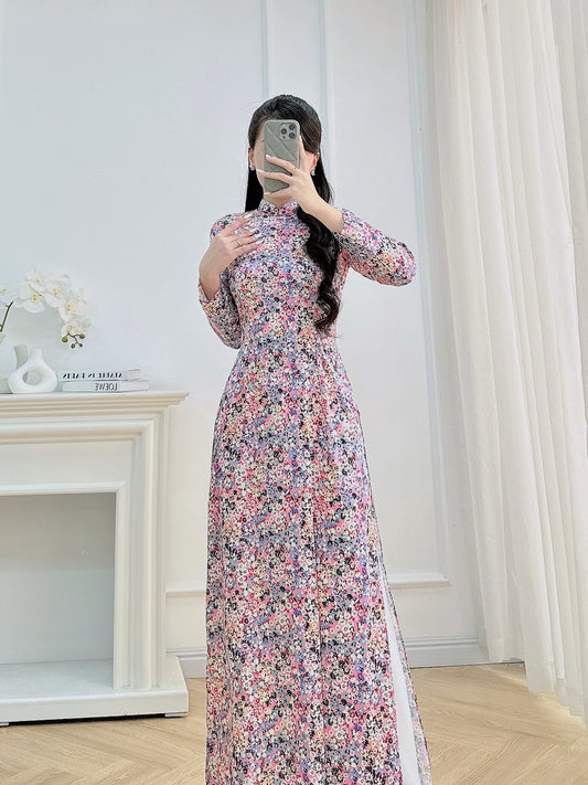 Flowery Vietnamese Ao Dai For Women | 3D Vietnamese long dress (No Pants)