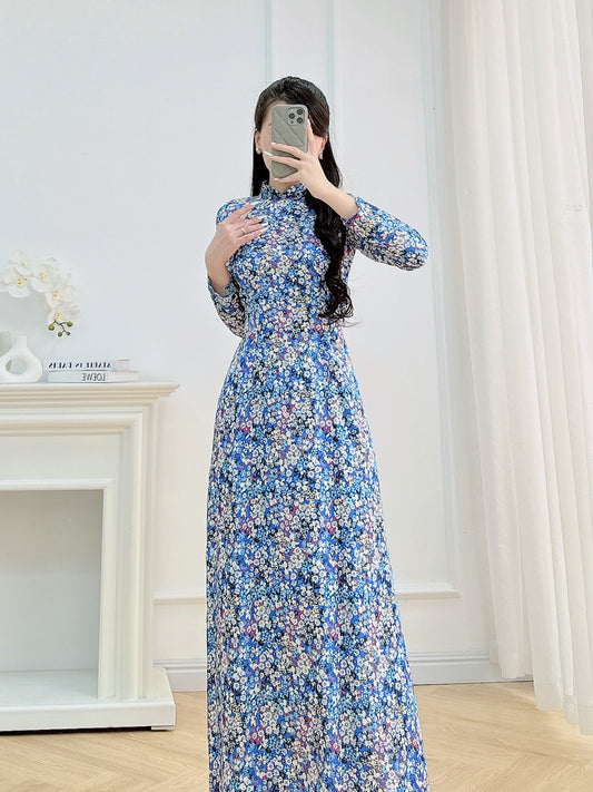 Flowery Blue Vietnamese Ao Dai For Women | 3D Vietnamese long dress (No Pants)