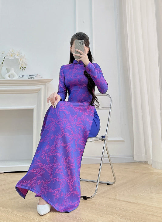 Deep Purple Floral Ao Dai Set - Traditional Vietnamese Ao Dai - Ao Dai To Gam