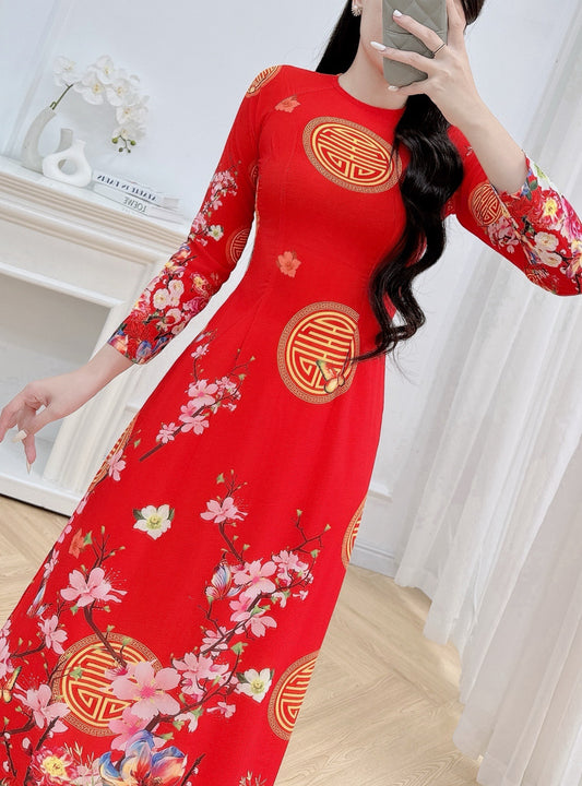 Pre-made: Red Spring Graden Ao Dai For Women - Traditional Ao Dai Tết