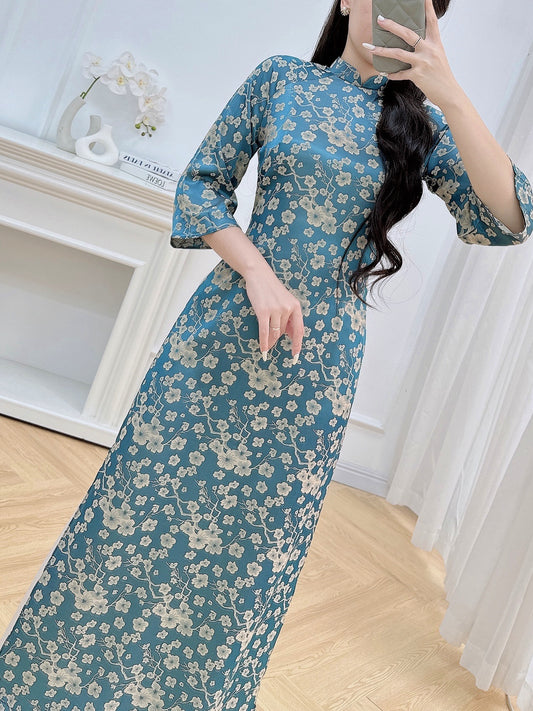 Teal Blue Floral Ao Dai – Vietnamese Traditional Dress with 3/4 Sleeves (NO PANTS)