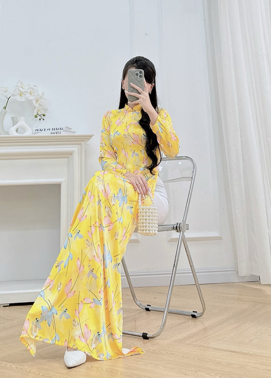 Yellow Floral Silk Ao Dai | Traditional Vietnamese Dress for Women | Elegant Yellow Silk Ao Dai (NO Pants)