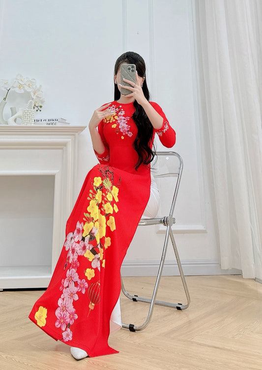 Pre-made: Mai Đào Tết 3D Printed Ao Dai - Traditional Vietnamese Dress for Women