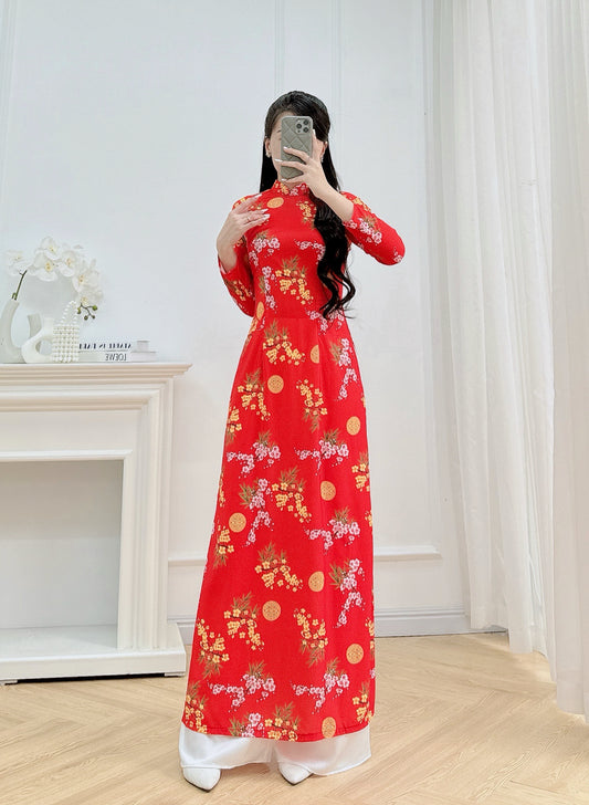 Red Floral Ao Dai | Red Blossom Ao Dai | Traditional Vietnamese Dress for Women – Silk Long Sleeve Top Only