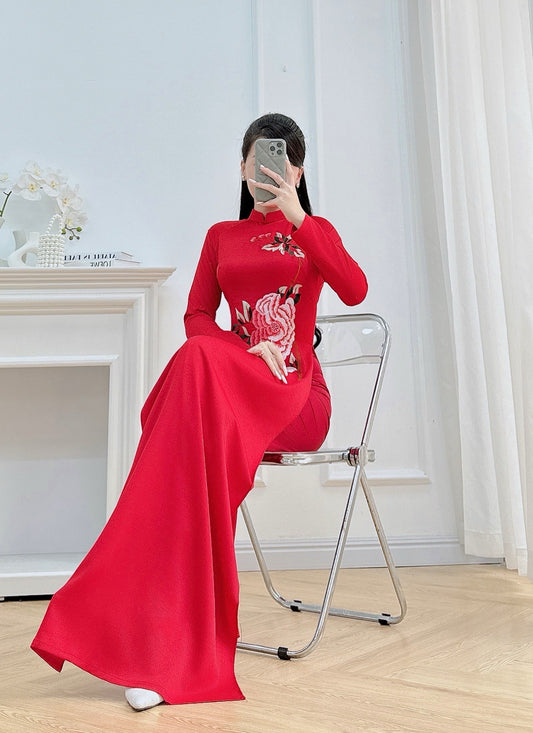 Red Embroidery Floral Ao Dai Set - Traditional Vietnamese Ao Dai