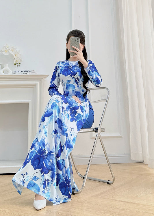 Blue Floral Ao Dai – Vietnamese Traditional Dress with Pants | Elegant Long Sleeve Áo Dài for Women | Wedding, Tet, or Formal Event