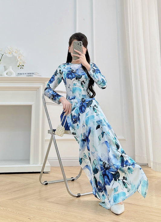 Dark Blue Floral Ao Dai – Vietnamese Traditional Dress with Pants | Elegant Long Sleeve Áo Dài for Women | Wedding, Tet, or Formal Event