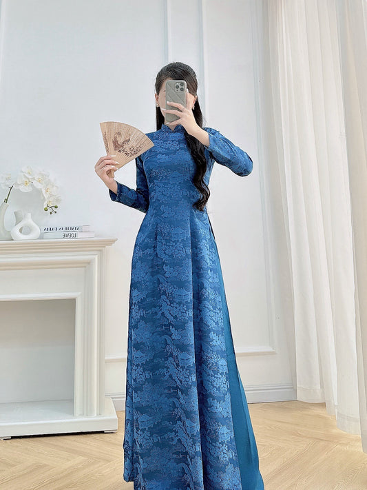 ADA Teal Blue Ao dai gấm set | Uniform ao dai | Traditional Vietnamese Dress with Pants