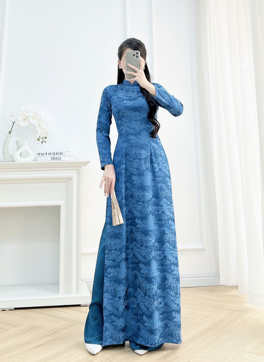 vietnamese formal dress Red Lace Ao Dai Traditional Wedding with Embroidery Ao Dai Net Dep Viet Ao Dai Em Kim ADA Teal Blue Ao dai