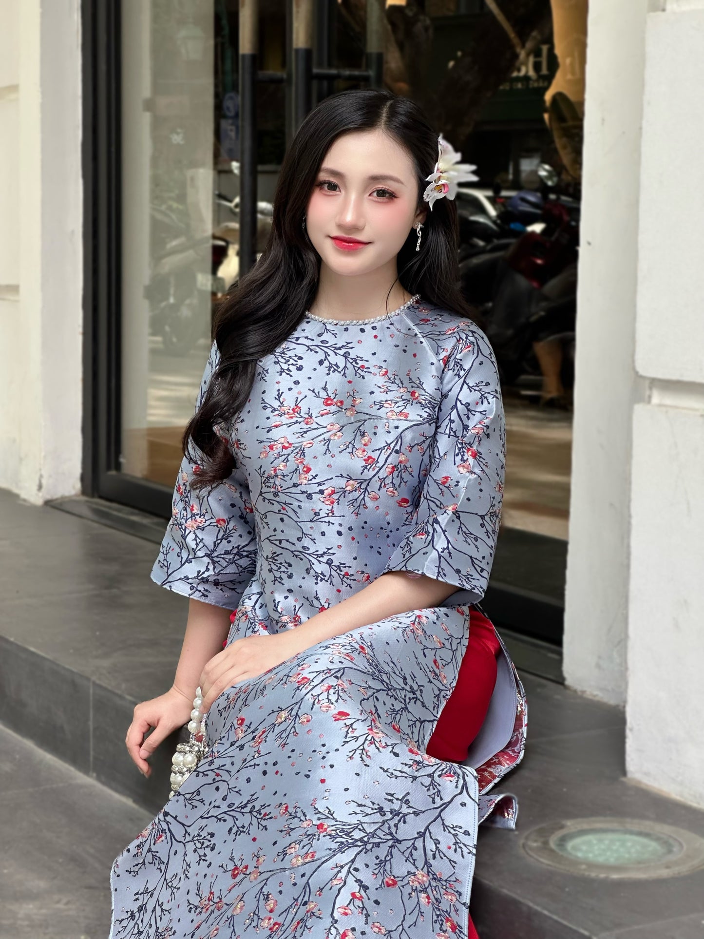 DUSTY BLue modern ao dai with Cherry Blossom | áo dài cách tân | Ao dai women | NO pants