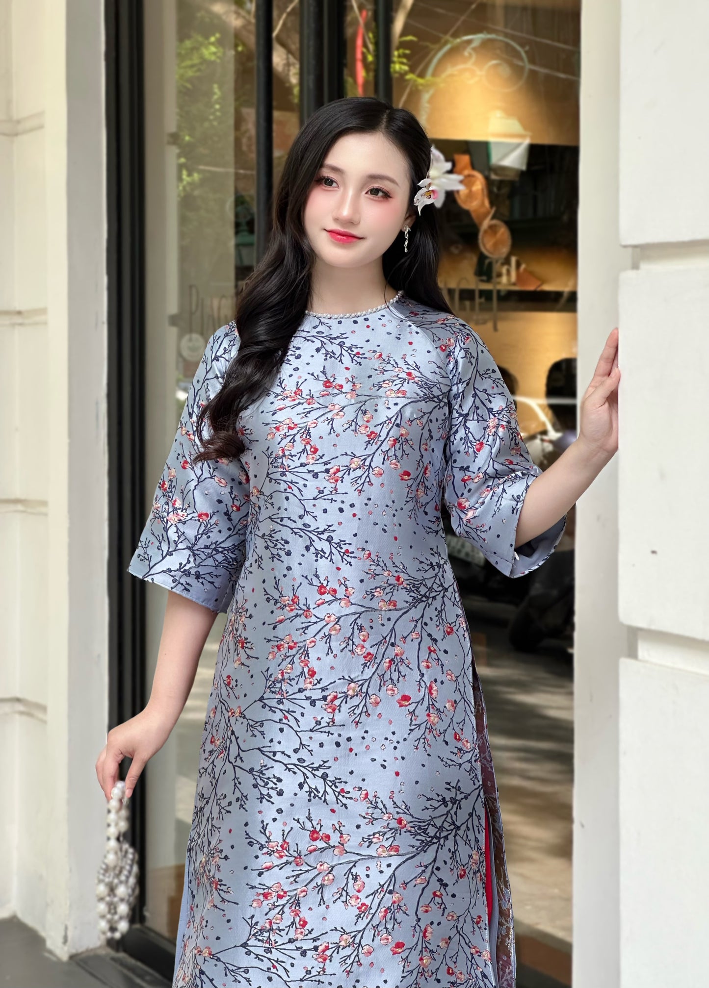 DUSTY BLue modern ao dai with Cherry Blossom | áo dài cách tân | Ao dai women | NO pants