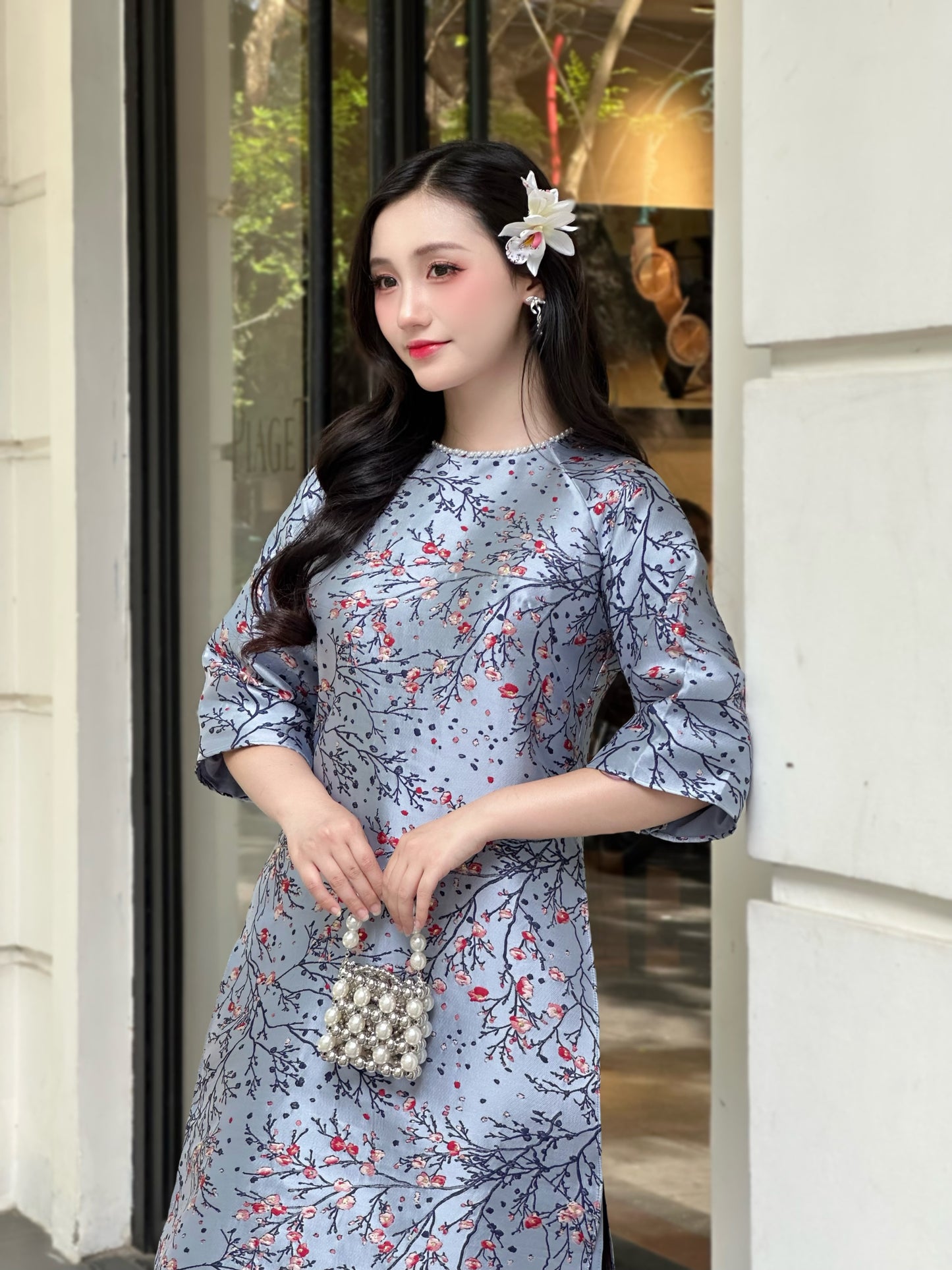 DUSTY BLue modern ao dai with Cherry Blossom | áo dài cách tân | Ao dai women | NO pants
