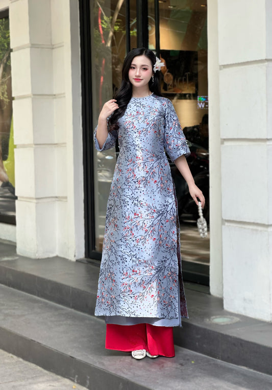 DUSTY BLue modern ao dai with Cherry Blossom | áo dài cách tân | Ao dai women | NO pants