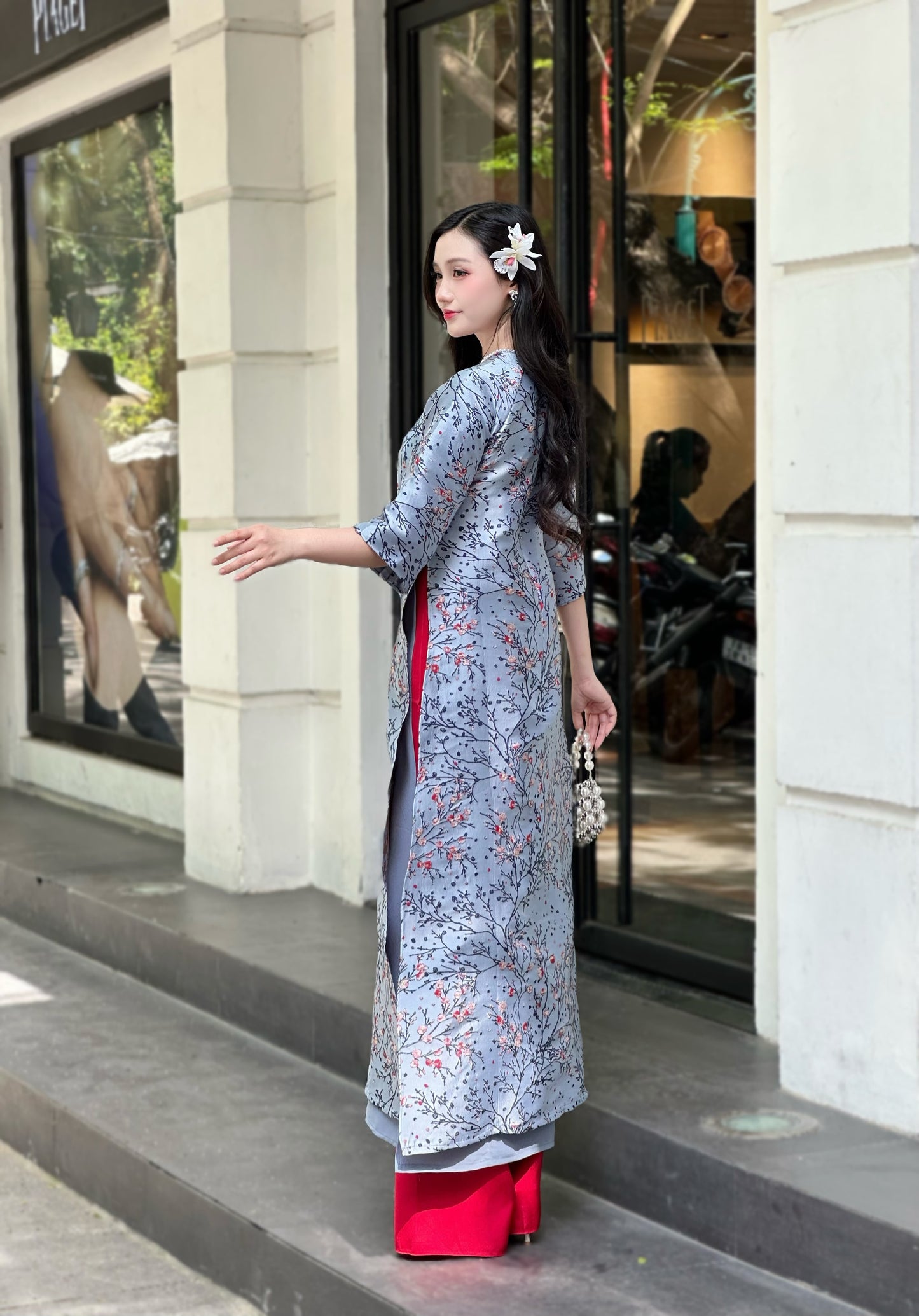 DUSTY BLue modern ao dai with Cherry Blossom | áo dài cách tân | Ao dai women | NO pants