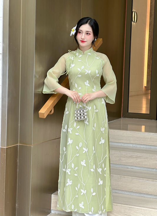 Set Green Vietnamese Ao Dai with Tie Bow Shoulder | Modern Vietnamese Ao Dai