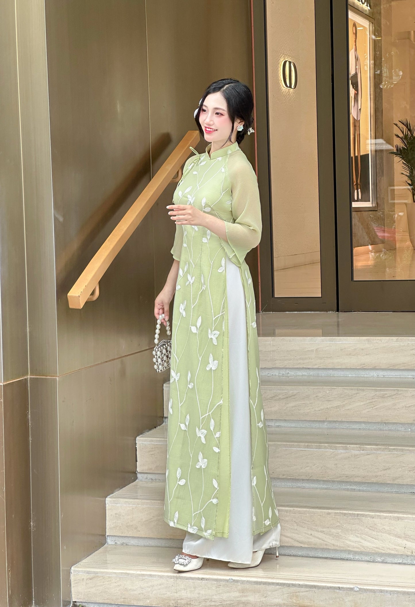 Set Green Vietnamese Ao Dai with Tie Bow Shoulder | Modern Vietnamese Ao Dai