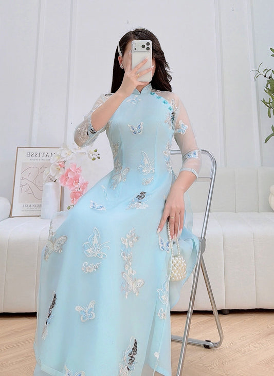 Charming Blue Embroidered Áo Dài - Traditional Vietnamese Dress for Elegant Occasions | Ideal for Weddings & Cultural Events