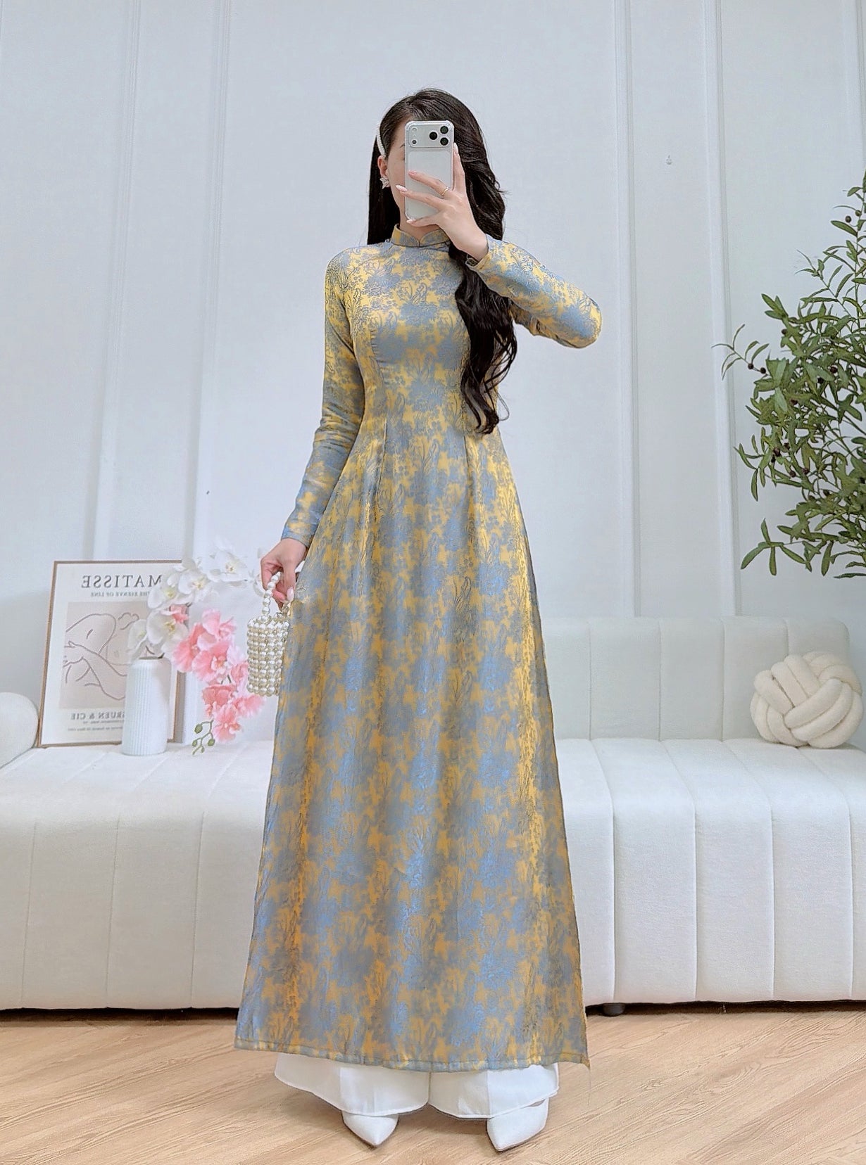 Pre-order : Traditional Vietnamese Ao Dai Dress in Elegant Blue and Gold Floral Pattern - No Pants