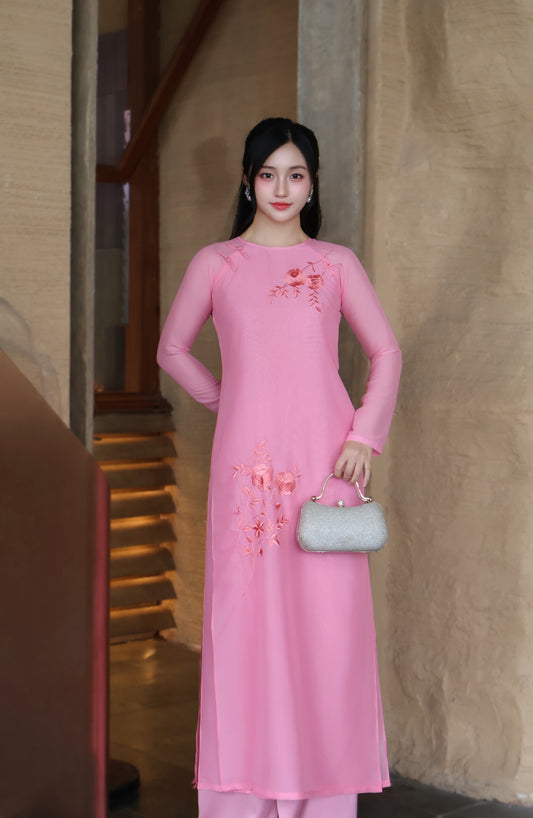 TRANG Strawberry chiffon Ao Dai set | Modern Vietnamese ao dai for women