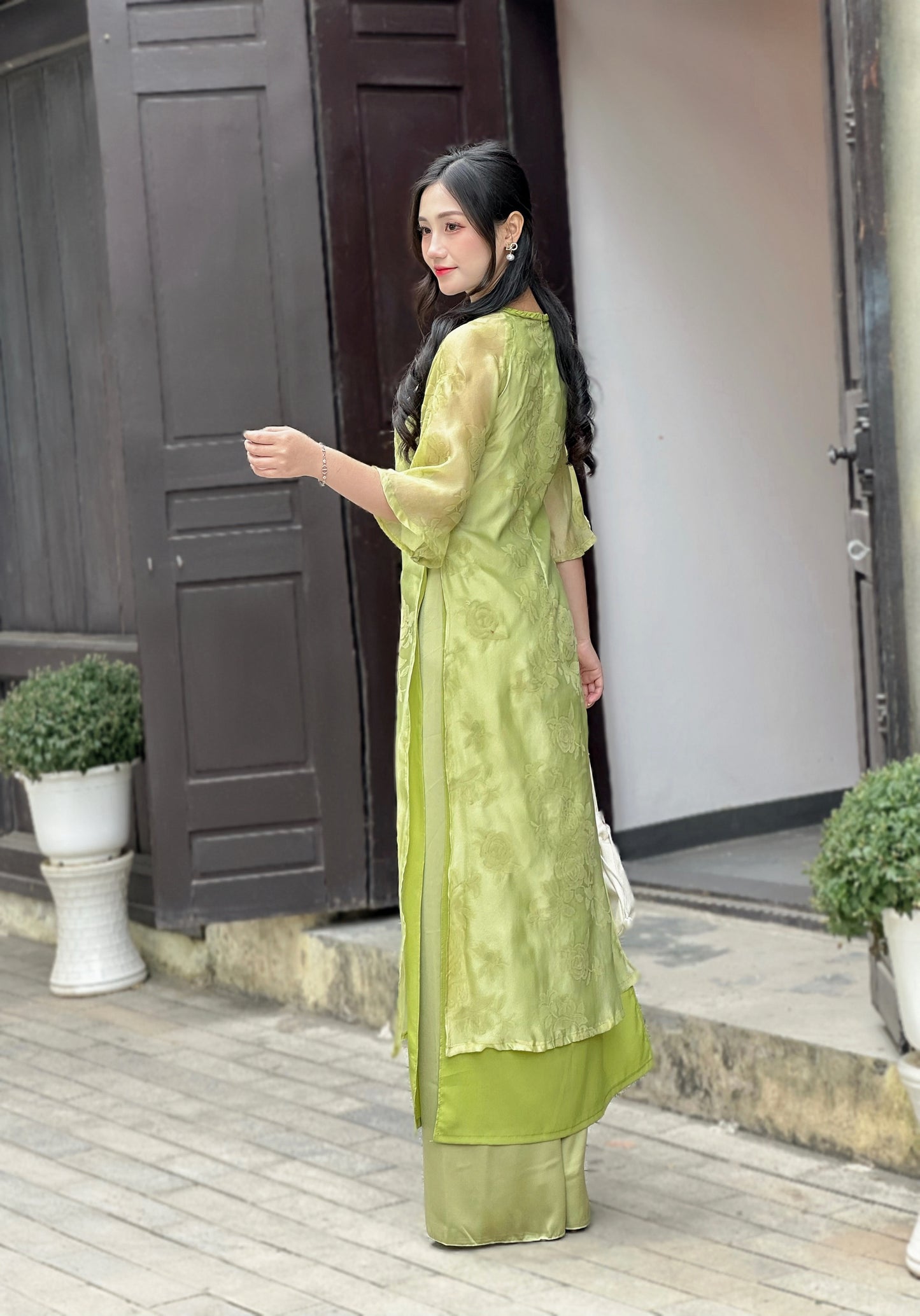 Re-order: Sage Green Vietnamese Ao Dai with Tie Bow Shoulder | Elegant Bridesmaid Dress | With Pants