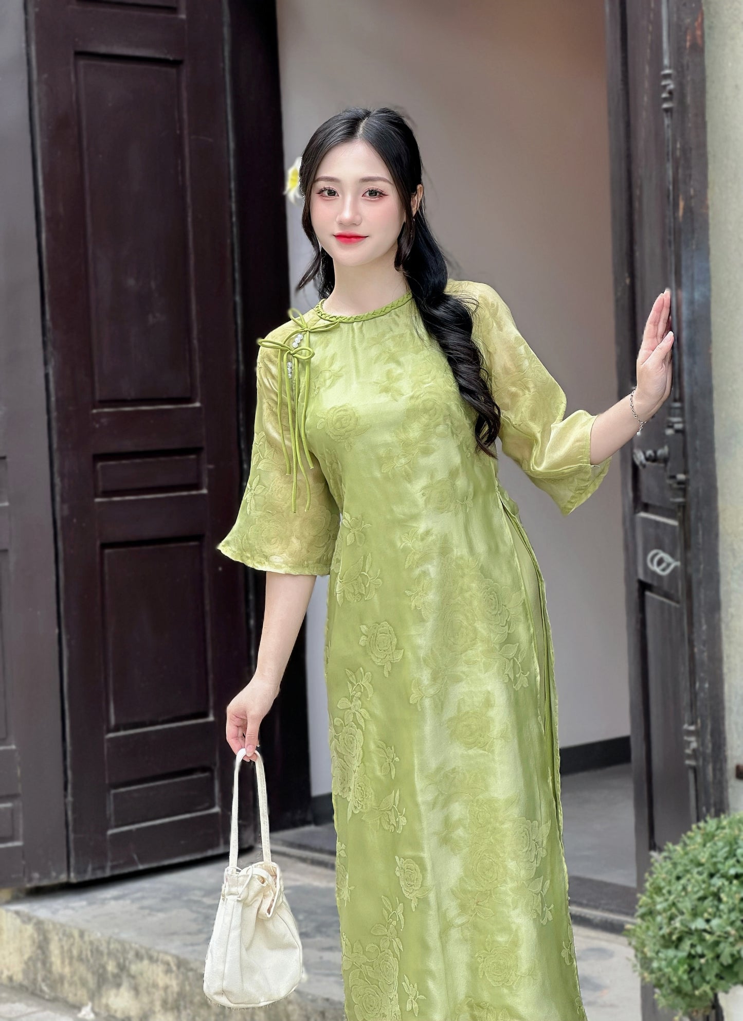 Re-order: Sage Green Vietnamese Ao Dai with Tie Bow Shoulder | Elegant Bridesmaid Dress | With Pants