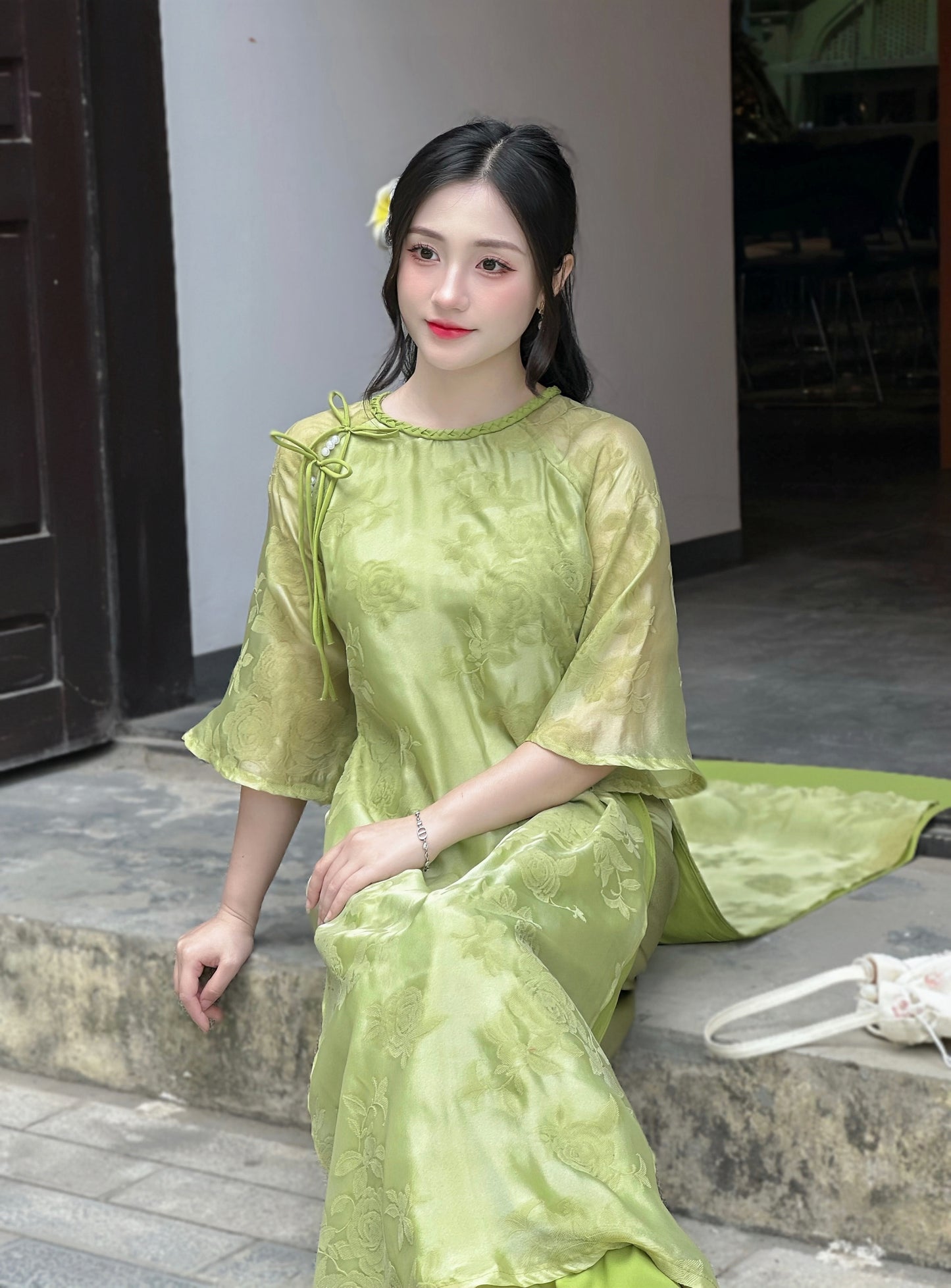 Re-order: Sage Green Vietnamese Ao Dai with Tie Bow Shoulder | Elegant Bridesmaid Dress | With Pants