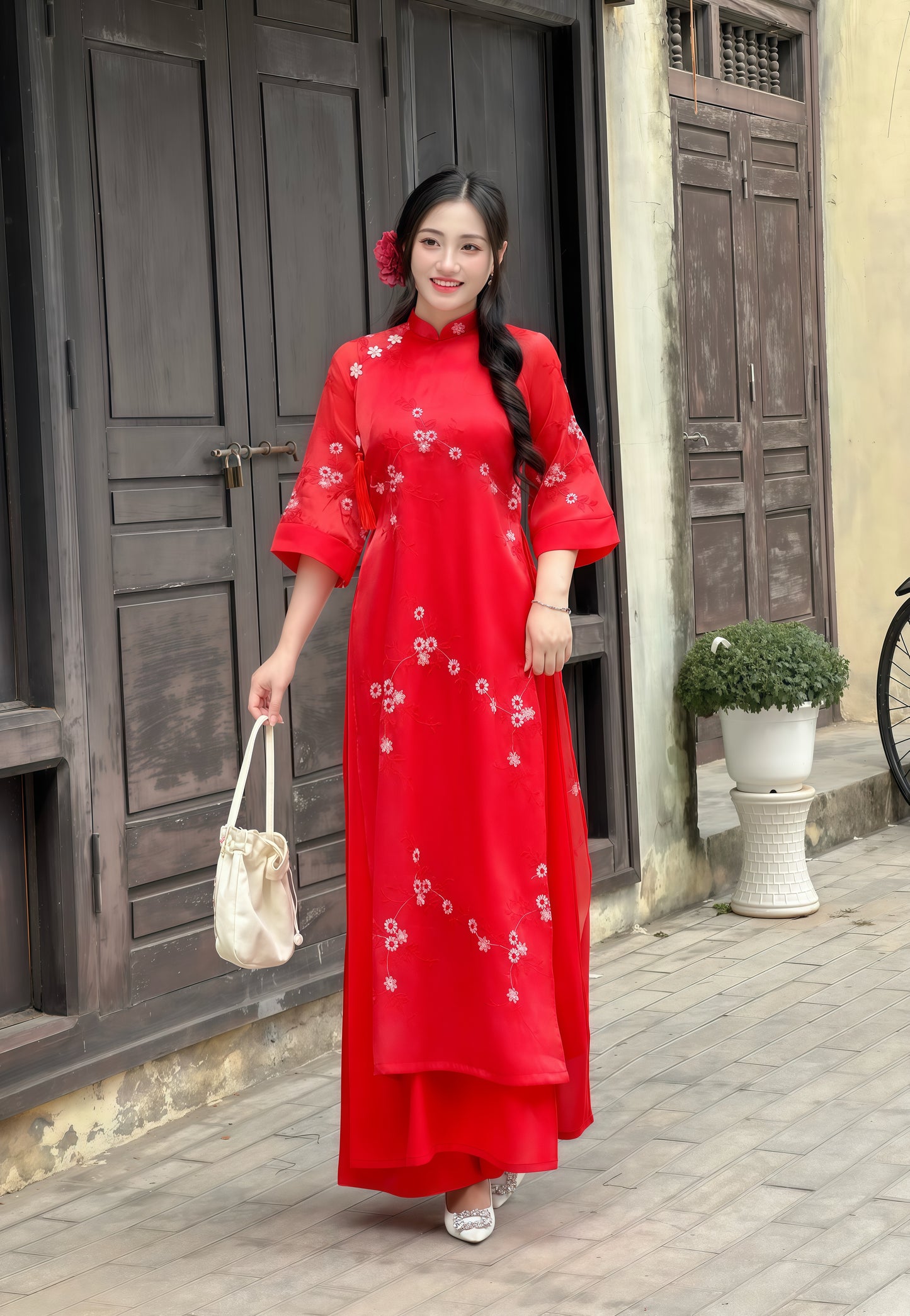 Red modern ao dai with embroidery flowers| áo dài cách tân | Ao dai women | With pants