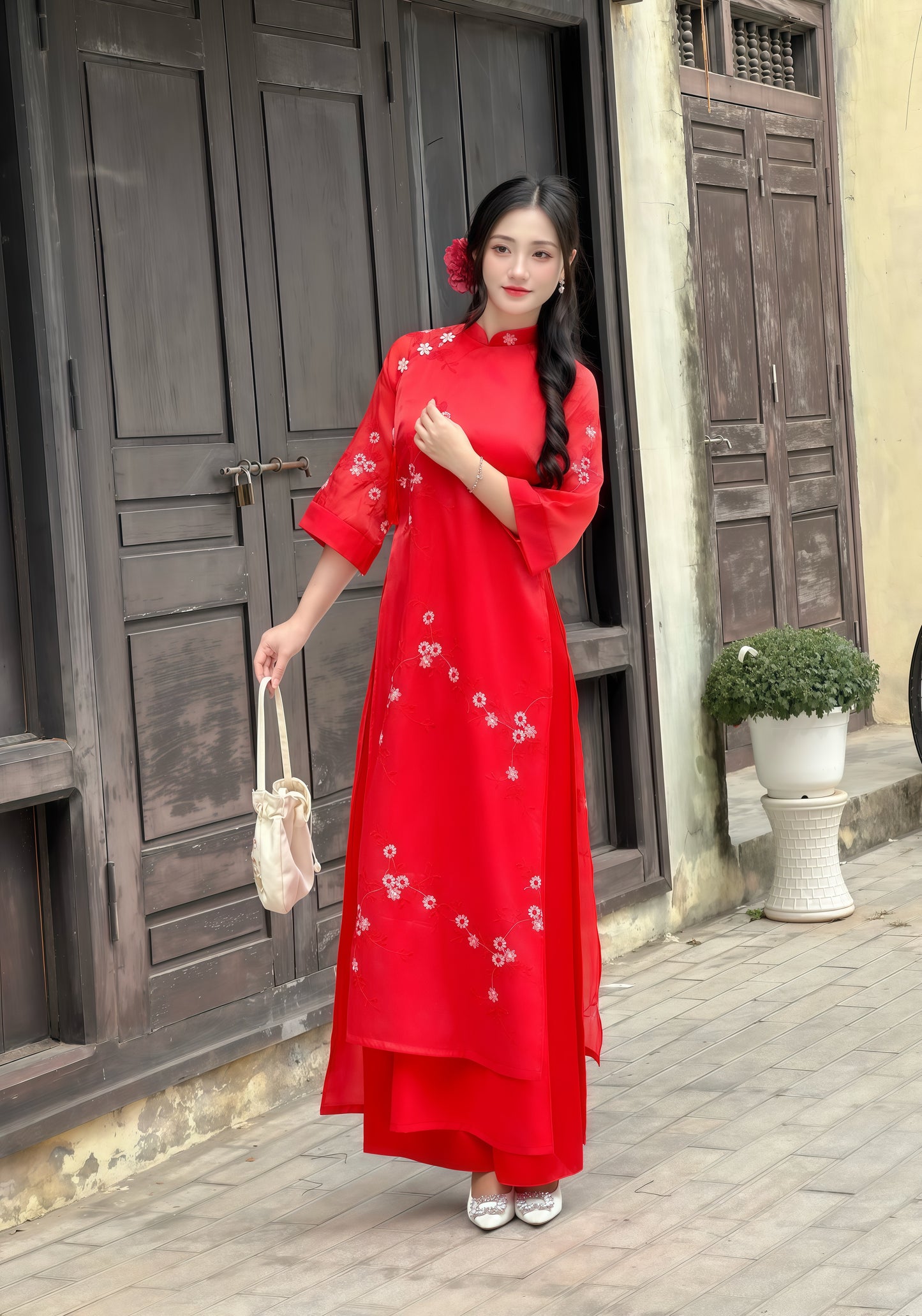Red modern ao dai with embroidery flowers| áo dài cách tân | Ao dai women | With pants