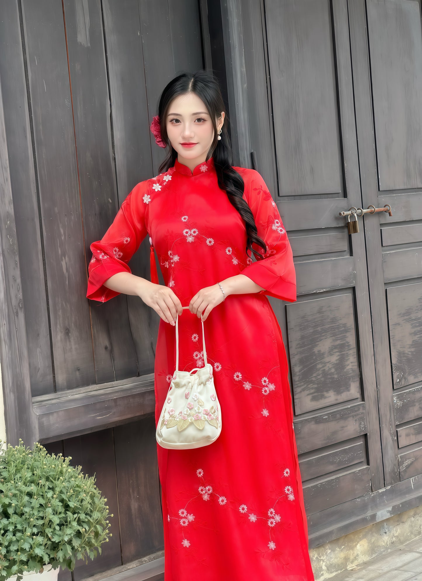 Red modern ao dai with embroidery flowers| áo dài cách tân | Ao dai women | With pants
