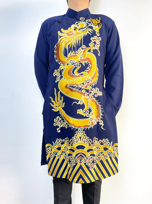 Navy Blue Men Ao Dai With Dragon Embroidered - Traditional Ao Dai Men