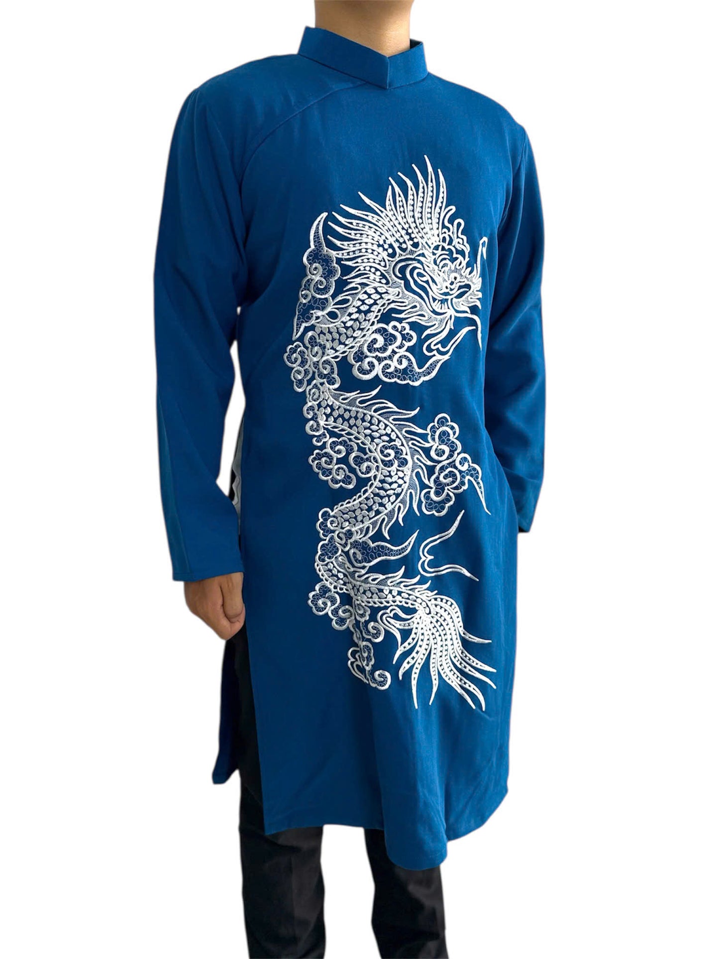 Blue Ao Dai Men with White Dragon Embroidery | Modern Men Vietnamese Ao Dai