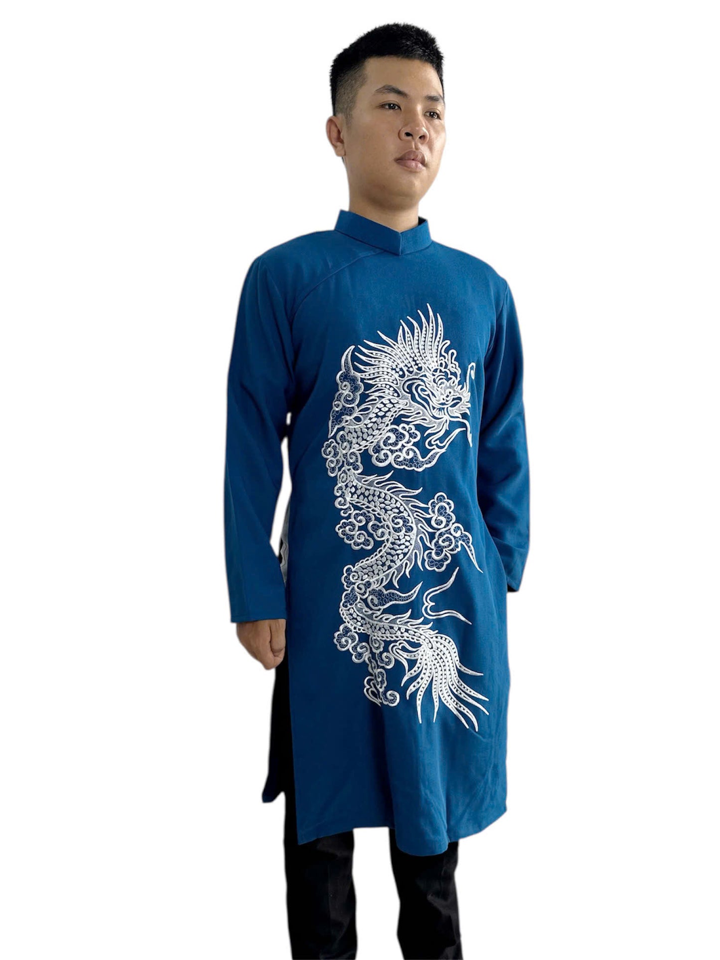 Blue Ao Dai Men with White Dragon Embroidery | Modern Men Vietnamese Ao Dai
