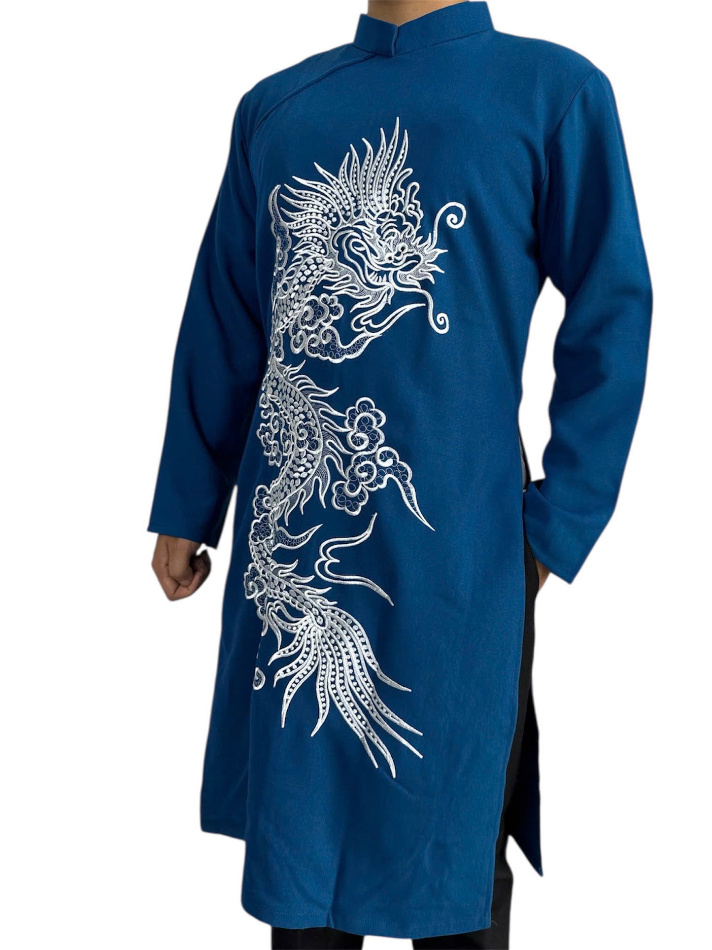Blue Ao Dai Men with White Dragon Embroidery | Modern Men Vietnamese Ao Dai