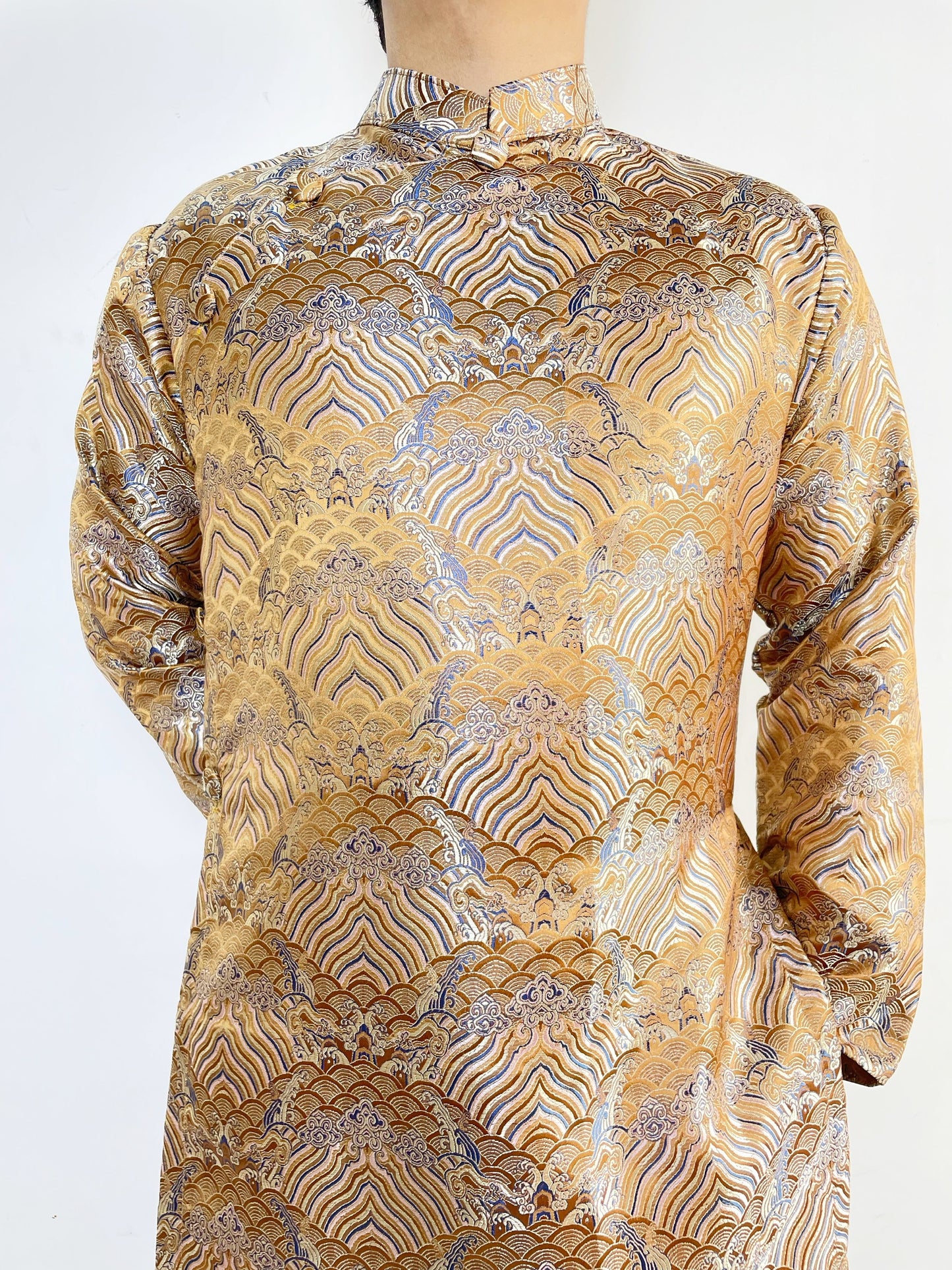 Men Golden Jacquard Gam Ao Dai | Pre-made Traditional Vietnamese Ao Dai
