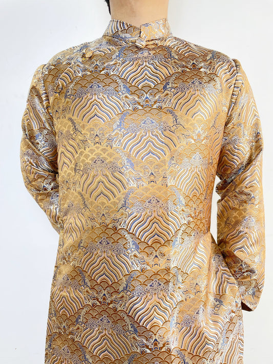Men Golden Jacquard Gam Ao Dai | Pre-made Traditional Vietnamese Ao Dai