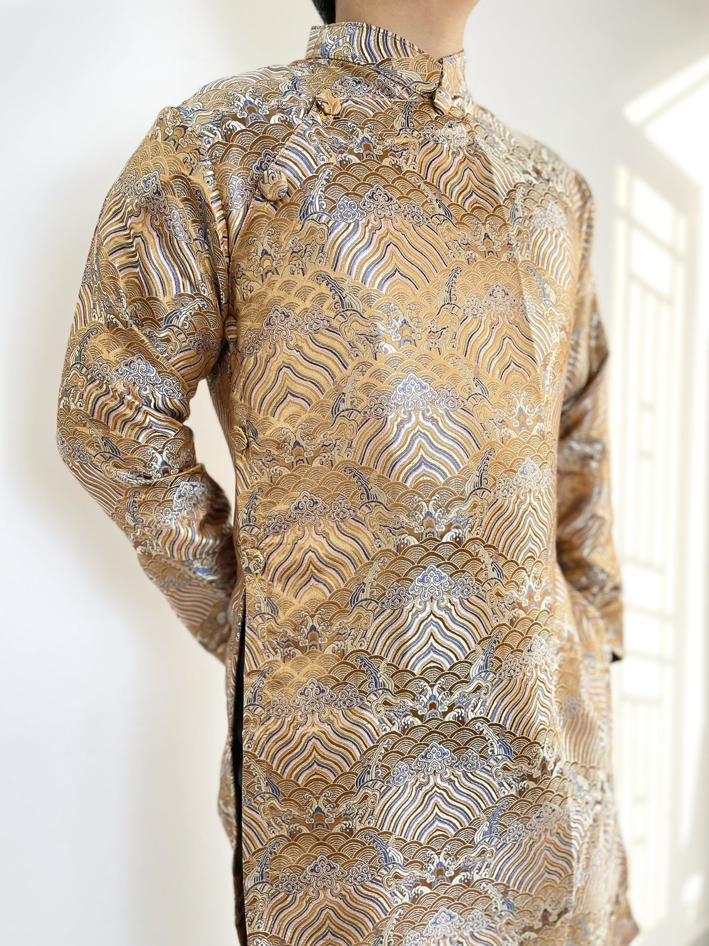 Men Golden Jacquard Gam Ao Dai | Pre-made Traditional Vietnamese Ao Dai
