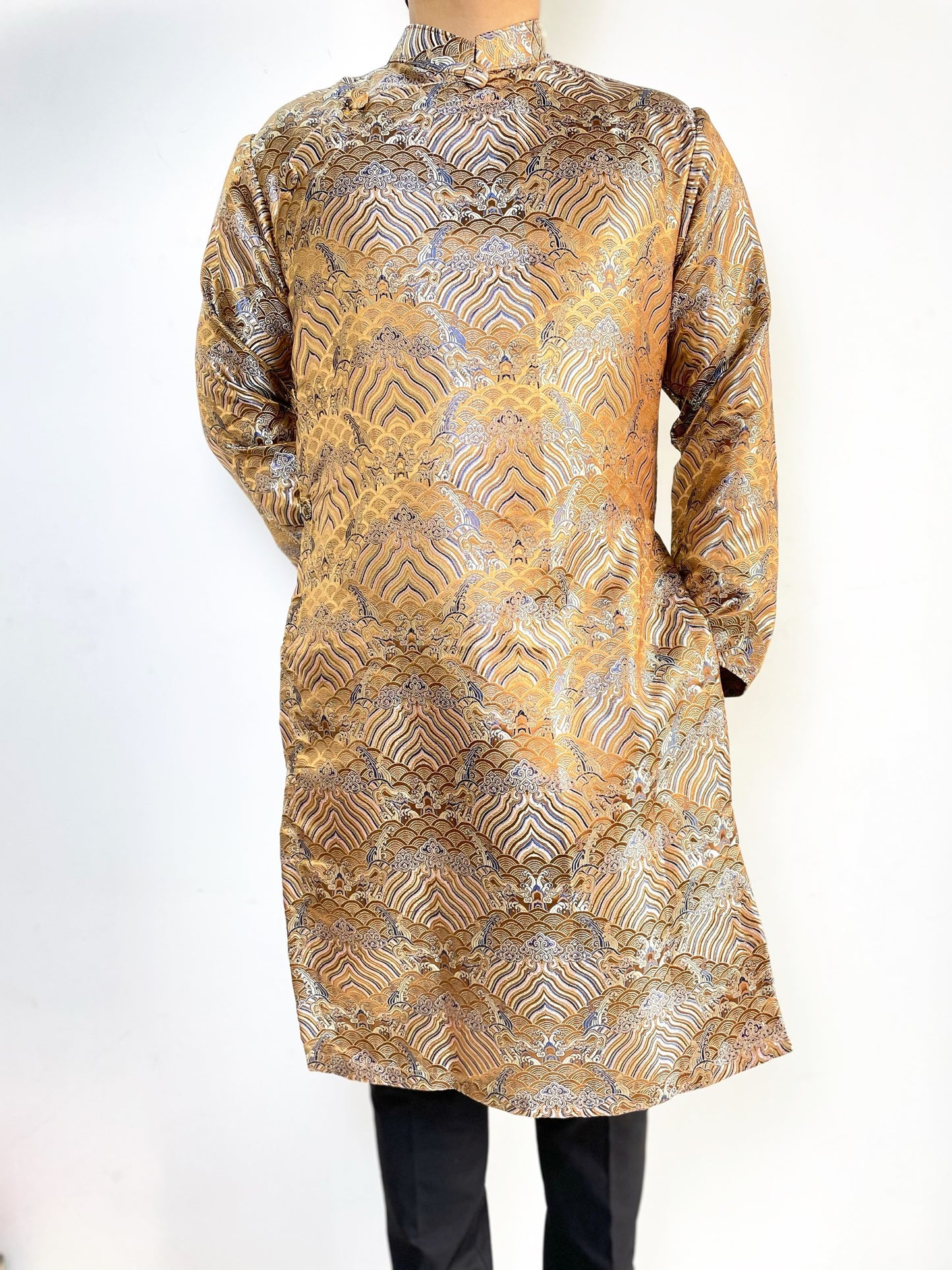 Men Golden Jacquard Gam Ao Dai | Pre-made Traditional Vietnamese Ao Dai