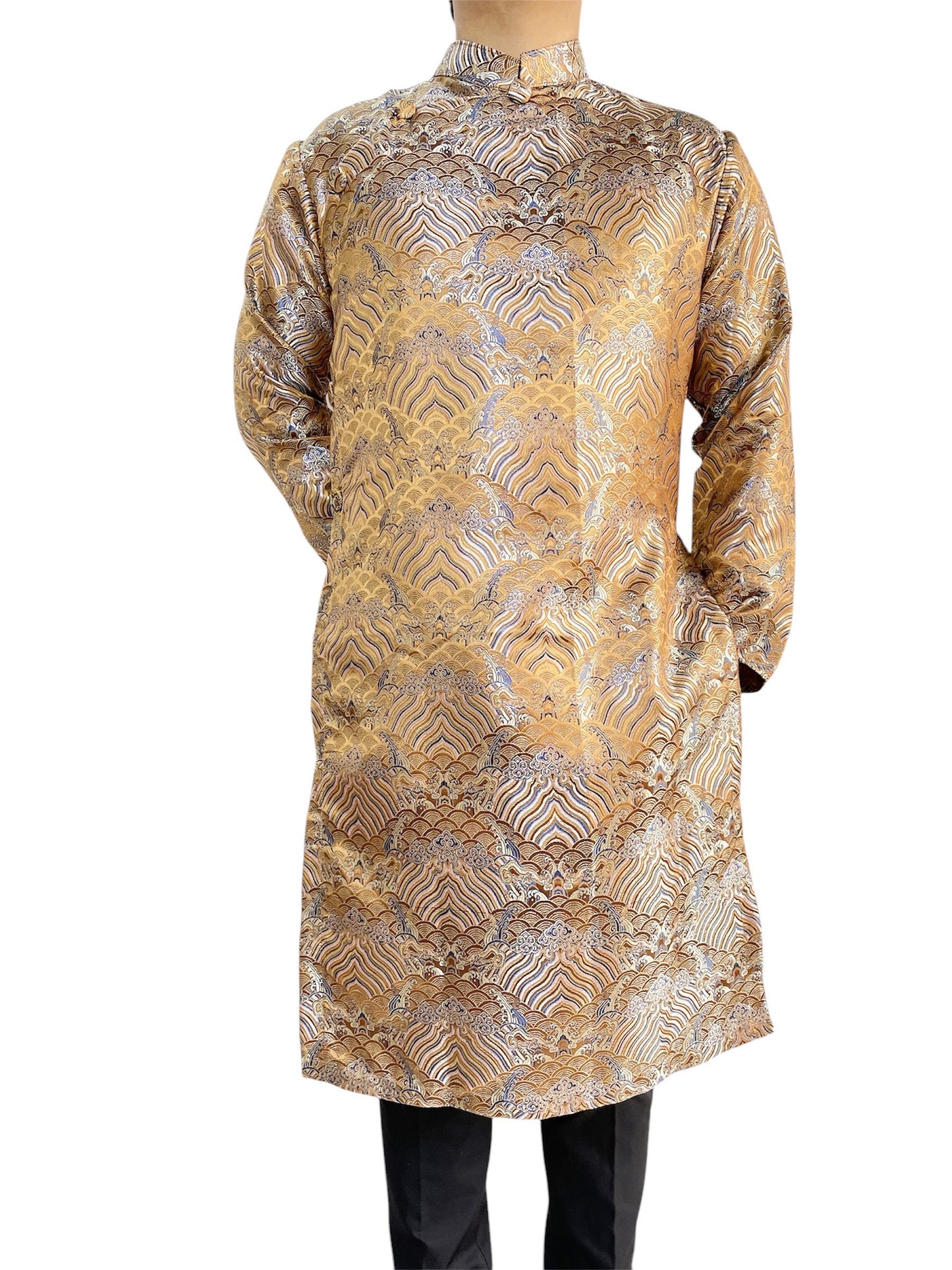 Men Golden Jacquard Gam Ao Dai | Pre-made Traditional Vietnamese Ao Dai