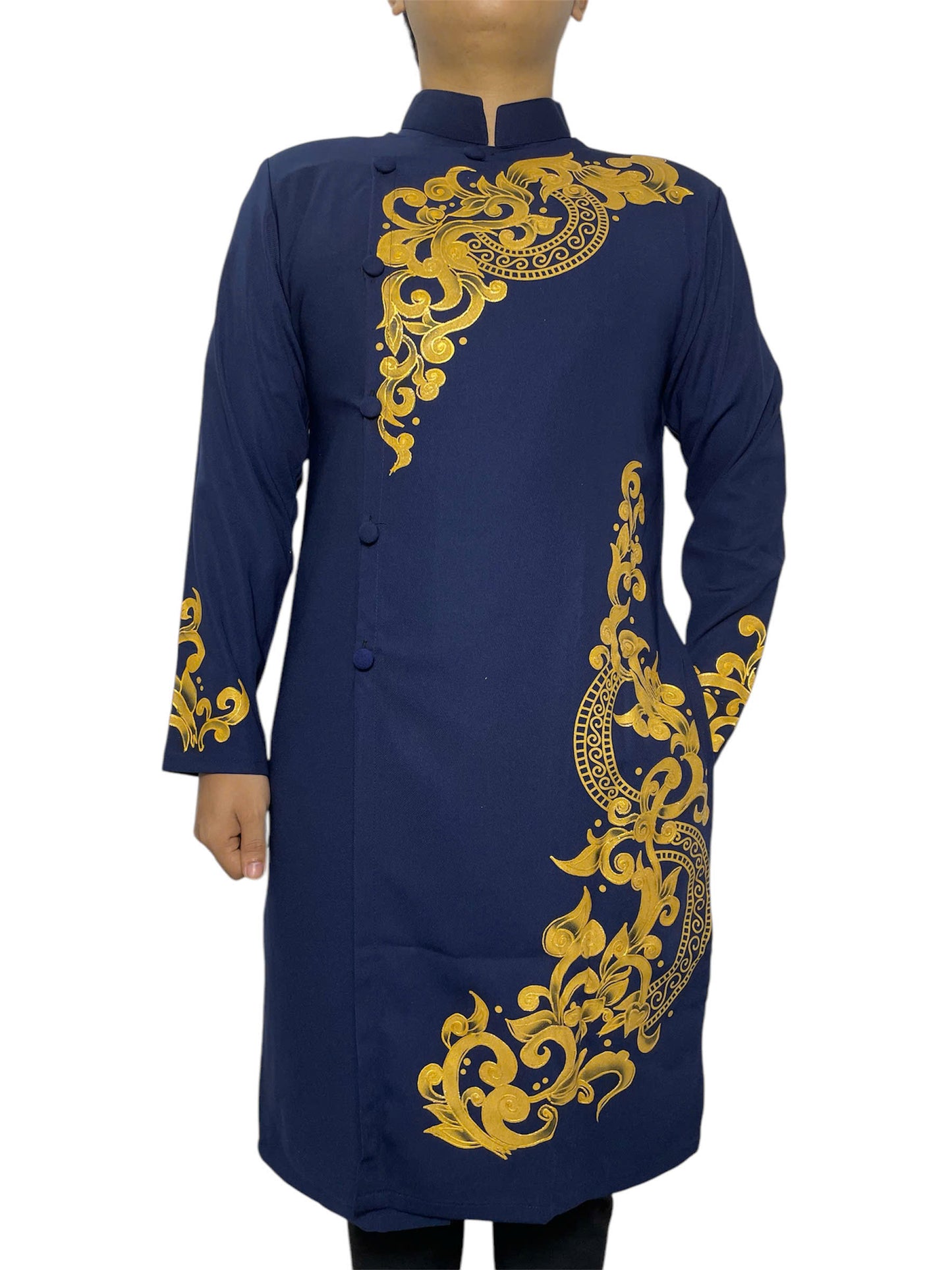 Navy Blue Ao Dai For Men - Hand paint Men Dress