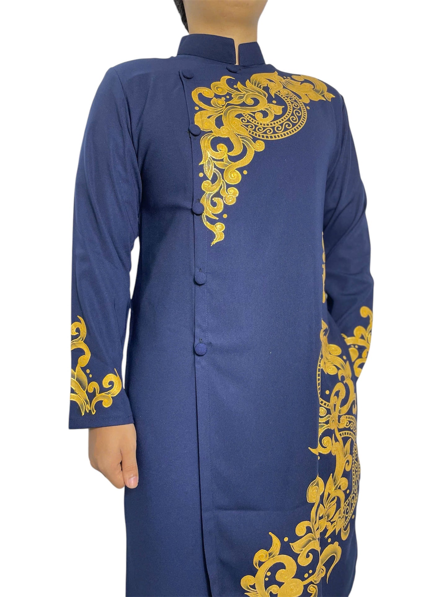 Navy Blue Ao Dai For Men - Hand paint Men Dress