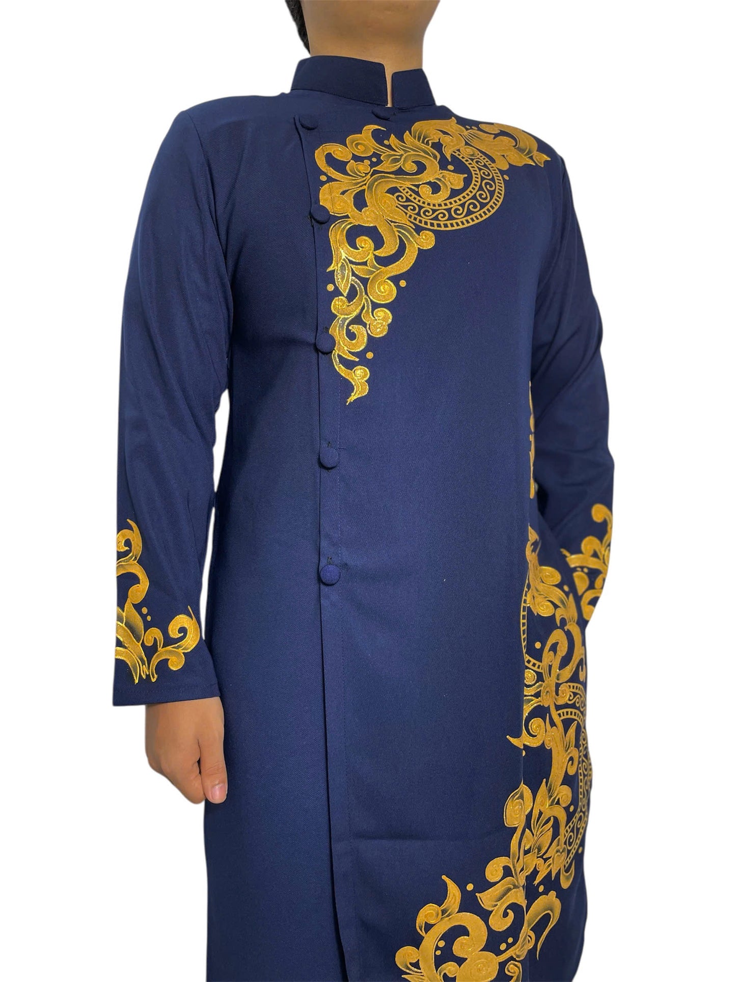 Navy Blue Ao Dai For Men - Hand paint Men Dress