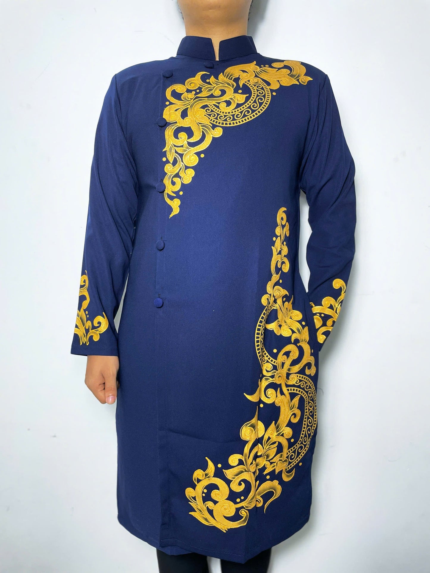 Navy Blue Ao Dai For Men - Hand paint Men Dress