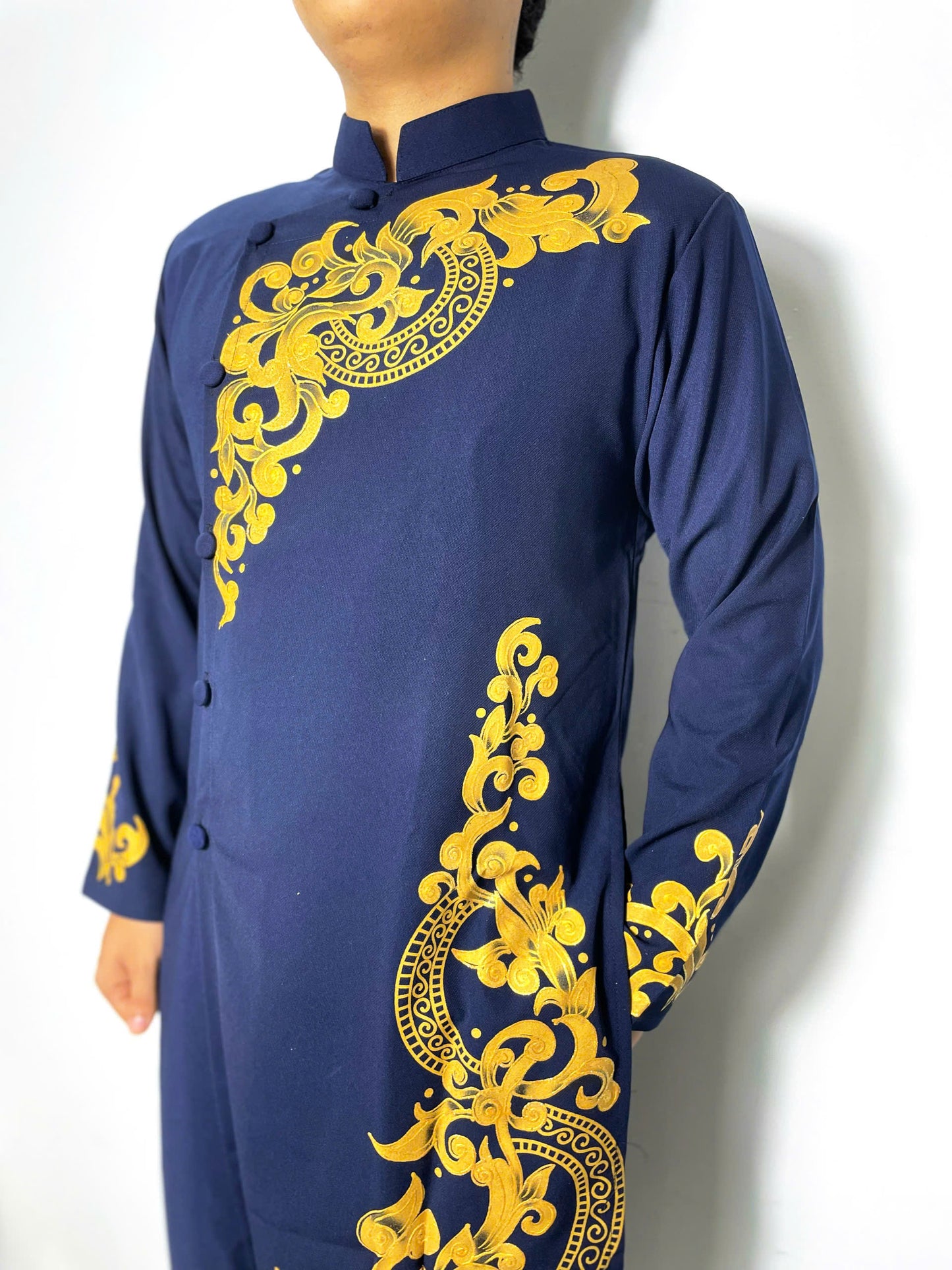 Navy Blue Ao Dai For Men - Hand paint Men Dress