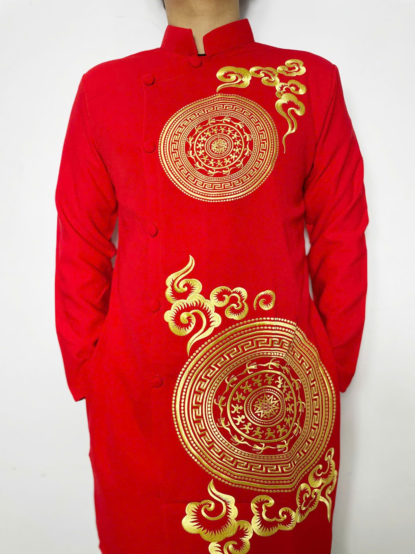 Red Embroidered Ao Dai Men - Traditional Ao Dai Men