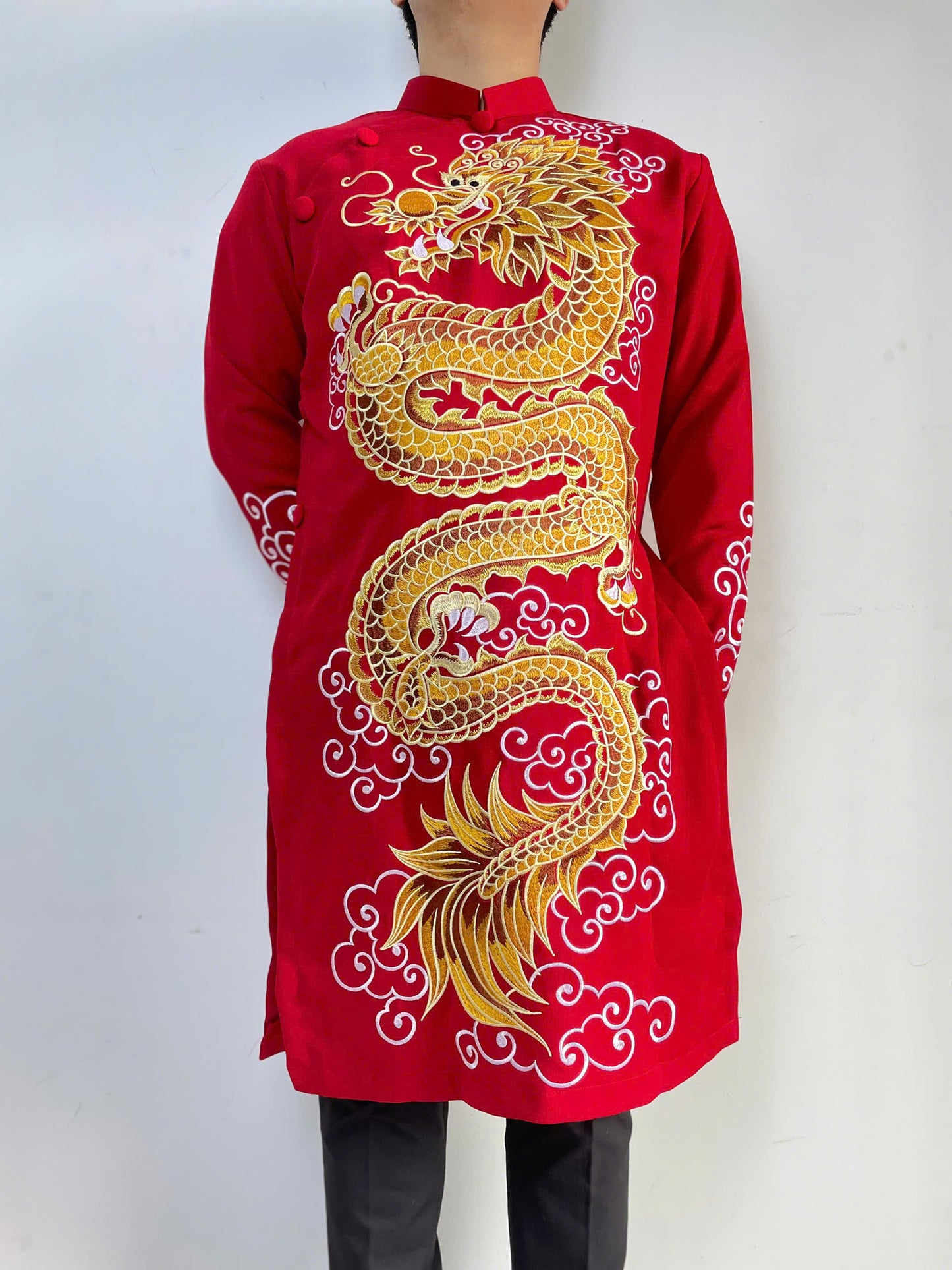 Red Embroidered Ao Dai Men- Dragon Ao Dai Men Dress