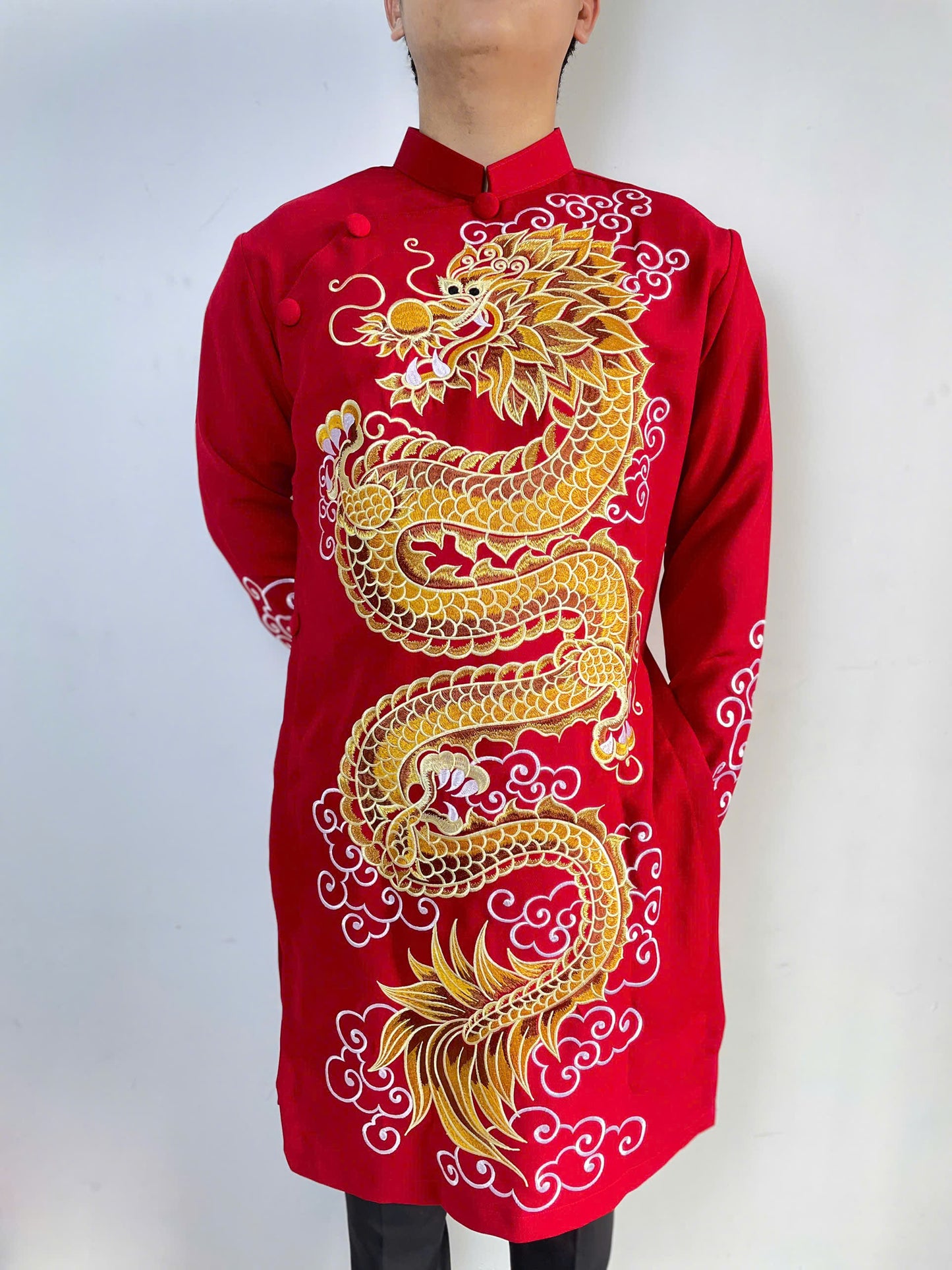 Red Embroidered Ao Dai Men- Dragon Ao Dai Men Dress