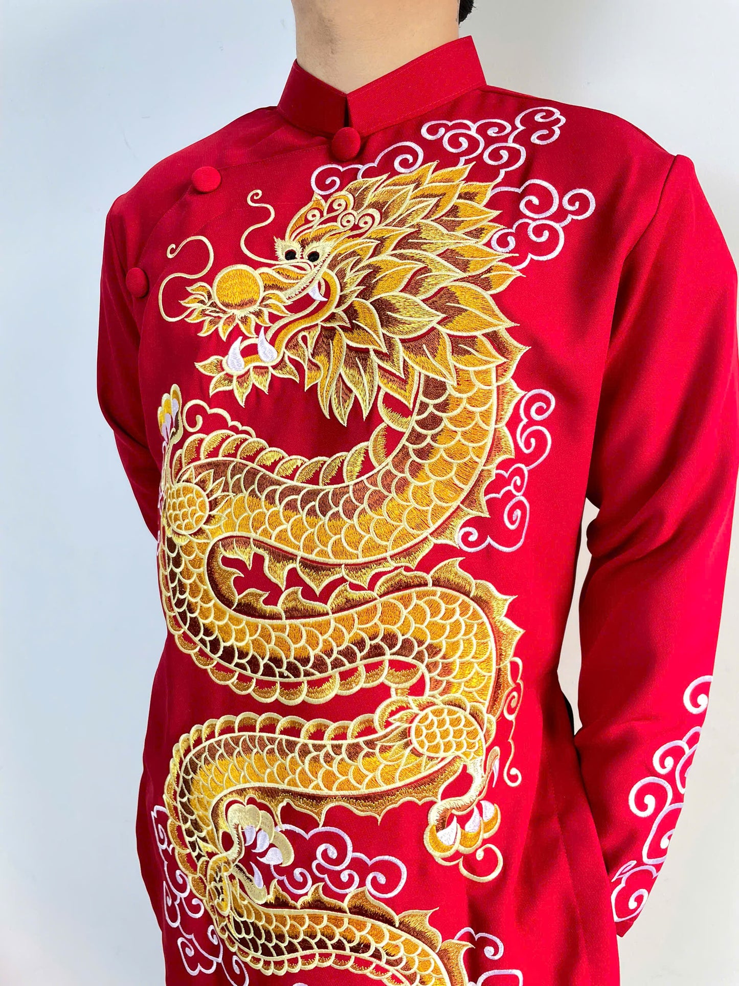 Red Embroidered Ao Dai Men- Dragon Ao Dai Men Dress