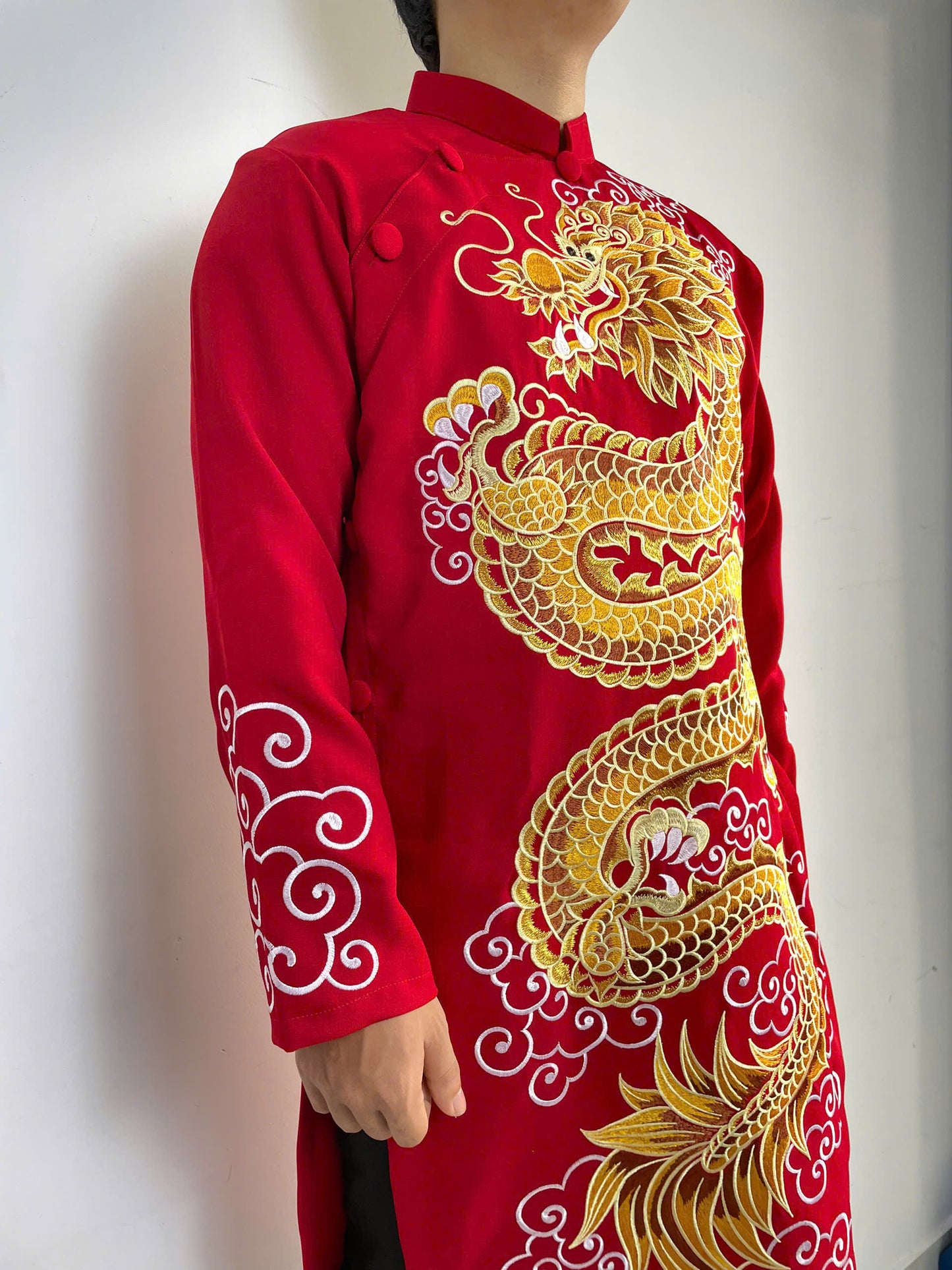 Red Embroidered Ao Dai Men- Dragon Ao Dai Men Dress